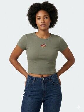 Haley & June Olive Green Ribbed Crop Tee with Mushroom Patch Size Large
